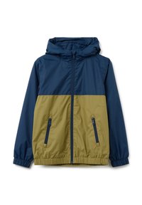 Giacca color block con parte superiore blu navy e parte inferiore verde oliva. Include un cappuccio, zip frontale e due tasche laterali.