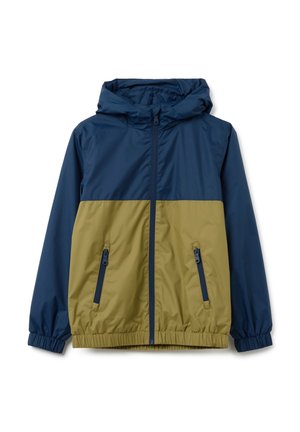 Giacca color block con parte superiore blu navy e parte inferiore verde oliva. Include un cappuccio, zip frontale e due tasche laterali.