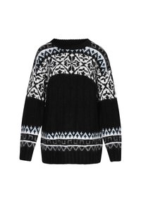 Schwarzer gestrickter Pullover mit lockerer Passform, der ein weißes und hellblaues geometrisches Muster über der Brust und an den Ärmeln aufweist. Ribbelkragen und -bündchen.