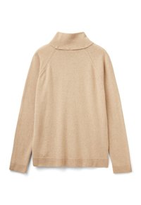 Pull à col roulé beige à manches longues avec des poignets, un ourlet et un col côtelés, présenté à plat sur un fond blanc.