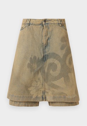 Beige denimnederdel med knap- og lynlåslukning, diskrete blomster- og swirlmønstre samt detaljeret lagdelt kant.