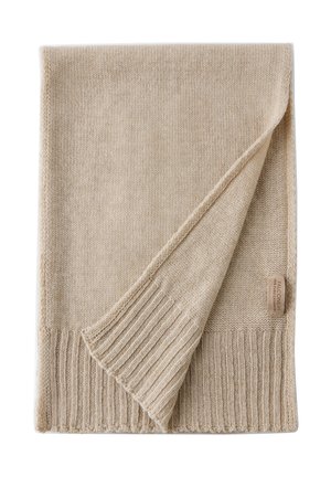 Beżowy złożony dziany szalik z prążkowanymi krawędziami i małą tkaną etykietą z napisem "Falconeri 100% Pure Cashmere."