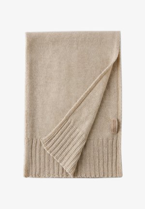 Beżowy złożony dziany szalik z prążkowanymi krawędziami i małą tkaną etykietą z napisem "Falconeri 100% Pure Cashmere."
