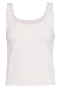 Camiseta de tirantes de color rosa claro hecha de algodón suave, con cuello redondo, tirantes anchos y un logo blanco de Puma en el frente.