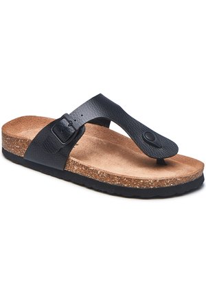 Schwarze Flip-Flop-Sandale mit strukturierten Riemen, Korkfußbett und Gummisohle. Verfügt über eine Schnalle am Riemen für eine verstellbare Passform.