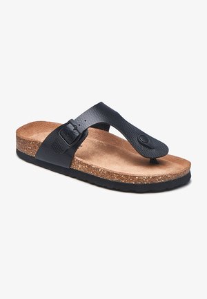 Schwarze Flip-Flop-Sandale mit strukturierten Riemen, Korkfußbett und Gummisohle. Verfügt über eine Schnalle am Riemen für eine verstellbare Passform.
