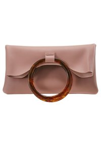 Pochette en cuir rose doux avec une grande anse ronde en écaille de tortue et une fermeture à rabat plié.