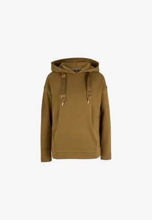 Sweat à capuche marron avec larges cordons, manches longues et une poche kangourou à l'avant, présenté sur un fond blanc.