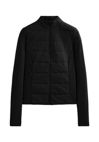 Giacca nera trapuntata con maniche lunghe, colletto rialzato e chiusura con zip frontale, progettata per un calore leggero e una vestibilità elegante.