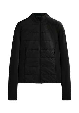 Schwarze gesteppte Jacke mit langen Ärmeln, Stehkragen und vorderem Reißverschluss, entworfen für leichte Wärme und eine schlanke Passform.