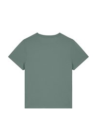 Grünes Baumwoll-T-Shirt mit rundem Halsausschnitt und kurzen Ärmeln. Glatte Textur, normale Passform, keine Muster oder Akzente sichtbar.