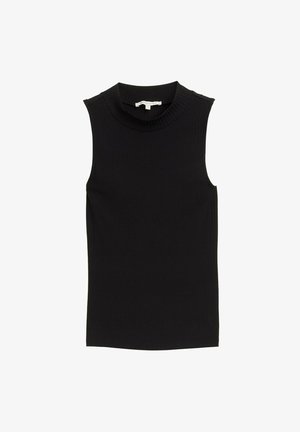 Czarny bezrękawnik z prążkowaną teksturą, wysokim kołnierzem i prostym wzorem. Bez widocznych elementów metalowych ani wzorów.