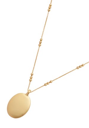 Collar de oro con un colgante ovalado y liso en una cadena con cuentas esféricas espaciadas uniformemente. El diseño general es delicado y minimalista.