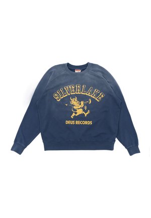 Navy blue sweatshirt featuring a yellow graphic print with "SILVERLAKE" and "DEUS RECORDS," along with a cartoon character playing a trumpet.