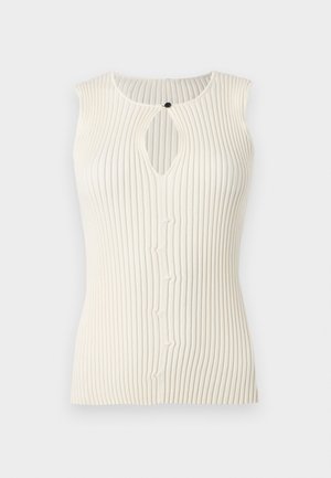 Ärmelloses cremefarbenes, geripptes Stricktop mit Schlüsselloch-Ausschnitt vorne und kleiner schwarzer Knopfverschluss am Ausschnitt.