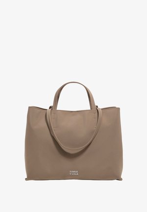 Beżowa torba na ramię wykonana z gładkiego, syntetycznego materiału; posiada dwa solidne uchwyty oraz subtelne logo na dole. Minimalistyczny design.