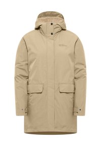 Parka en beige isolée avec capuche, deux poches avant et une doublure douce et texturée. Fermetures à pression et à glissière.