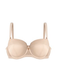 Beżowy biustonosz z wypełnionymi miseczkami, koronkowym wykończeniem i regulowanymi ramiączkami. Posiada zapięcie w złotym kolorze na przodzie, gładki materiał.