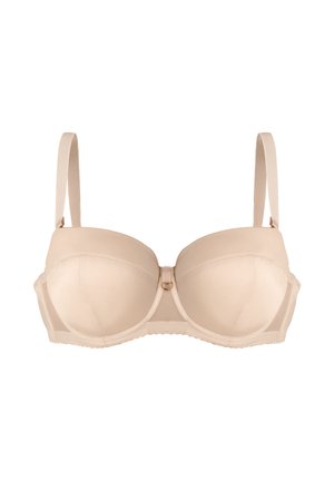 Beżowy biustonosz z wypełnionymi miseczkami, koronkowym wykończeniem i regulowanymi ramiączkami. Posiada zapięcie w złotym kolorze na przodzie, g�ładki materiał.