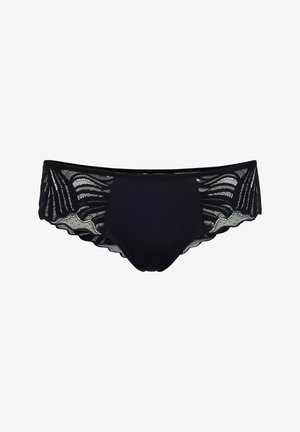 Black women's bikini-style underwear with sheer lace panels featuring a striped floral pattern on the sides and solid front center.