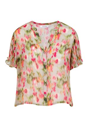 Blouse légère à manches courtes avec boutons sur le devant et imprimé floral multicolore en nuances de rose, vert et orange sur un fond pâle.