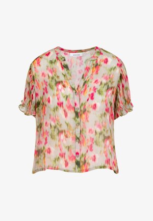 Leichte Bluse mit kurzen Ärmeln, Knopfleiste vorne und mehrfarbigem Blumenmuster in Pink-, Grün- und Orangetönen auf hellem Hintergrund.
