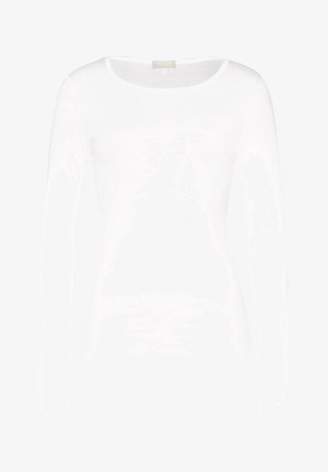 Langärmliges weißes T-Shirt aus weichem Material, mit Rundhalsausschnitt und taillierter Silhouette. Keine Muster oder Akzente.