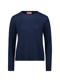 Maglione lavorato a maglia di colore blu navy con scollatura rotonda, maniche lunghe e orlo a costine. Texture morbida con una vestibilità leggermente ampia e senza motivi visibili.