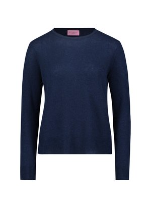 Marinblå stickad tröja med rund halsringning, långa ärmar och ribbad fåll. Mjuk textur med en något lös passform och inga synliga mönster.