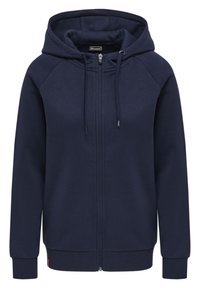 Felpa zip-up navy in morbido tessuto, con cappuccio regolabile, polsini e orlo a costine. Presenta una zip frontale completa e tasche laterali.