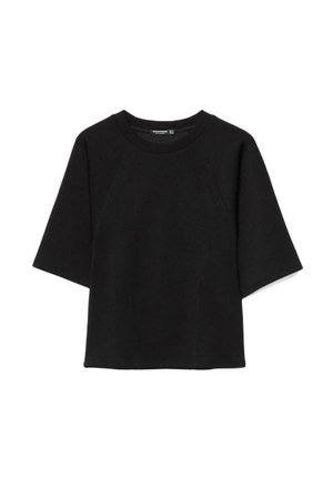 Schwarzes, oversized Sweatshirt mit kurzen Ärmeln, Rundhalsausschnitt und lockerem Sitz, präsentiert auf weißem Hintergrund.