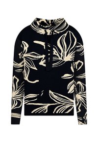 Marineblaues Sweatshirt mit hohem Kragen und Kordelzug, das ein kontrastierendes cremefarbenes Blumenmuster und lange Ärmel aufweist. Aus weichem Strickstoff.