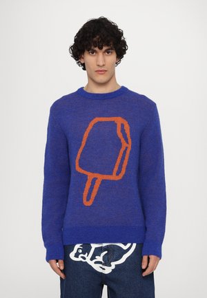Blue knitted sweater with a textured orange popsicle design at the center; features a crew neck and ribbed cuffs.