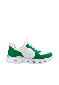 Grüner und weißer Sport-Schuh mit einer Kombination aus glatten und strukturierten synthetischen Materialien, einer perforierten Zehenpartie und einer gepolsterten Sohle.