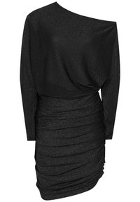 Czarna, błyszcząca mini sukienka na jedno ramię z długim rękawem z jednej strony i marszczeniem w części spódnicy.