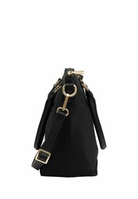 Borsa nera con design strutturato, dettagli in metallo dorato, doppi manici e tracolla staccabile. Texture liscia, senza motivi visibili.