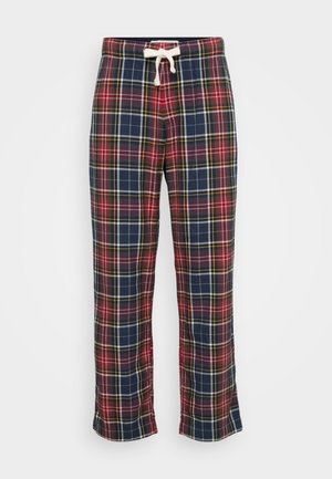 Pantaloni per pigiama a quadratini in navy, rosso e giallo. Tessuto di cotone con vita elasticizzata e coulisse frontale. Taglio dritto, texture morbida.
