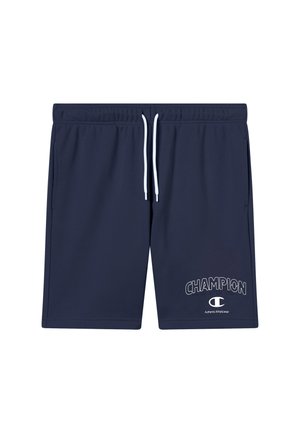 Pantaloncini sportivi blu navy realizzati in tessuto morbido, con coulisse in vita, tasche laterali e stampa del logo "CHAMPION" bianco.