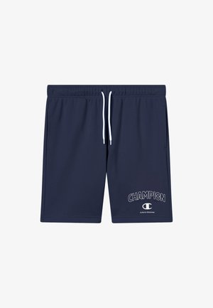 Pantaloncini sportivi blu navy realizzati in tessuto morbido, con coulisse in vita, tasche laterali e stampa del logo "CHAMPION" bianco.