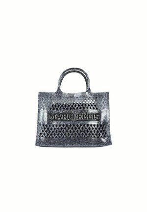 Borsa tote trasparente scintillante con design a struttura a griglia e logo "MARC ELLIS" in lettere nere in grassetto sul davanti.