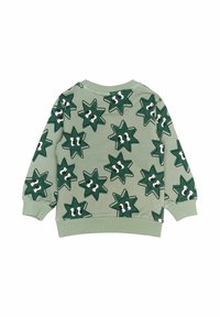 Pulover verde cu un model de stele cu fețe, mâneci lungi și tiv elastic. Fabricat dintr-un amestec de bumbac.