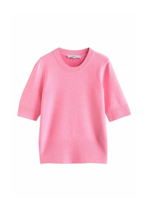 Kurzer rosa Pullover mit kurzen Ärmeln aus weichem Stoff. Verfügt über einen gerippten Halsausschnitt und einen gerippten unteren Saum. Glatte Textur mit einfarbiger Optik.