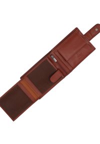 Bruine leren portemonnee met een ritsvakje voor munten, meerdere kaartsleuven en een gevouwen ontwerp met een contrasterende stof aan de binnenkant.