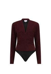 Langarm bodysuit in diep bordeaux met metallic sprankeling, diepe V-halslijn, gerimpelde taille en zwarte onderpaneel. Gladde stofstructuur.
