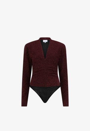 Langarm bodysuit in diep bordeaux met metallic sprankeling, diepe V-halslijn, gerimpelde taille en zwarte onderpaneel. Gladde stofstructuur.