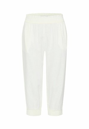 Białe, lekkie spodnie z elastycznym paskiem w talii i ściągaczami przy nogawkach, charakteryzujące się gładką fakturą i luźnym krojem.