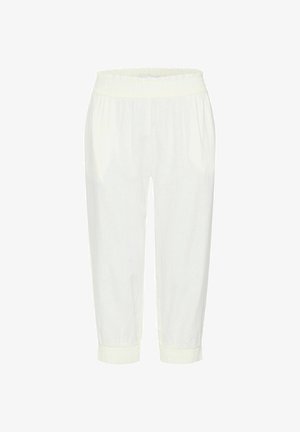 Hvide, letvægtsbukser med elastisk talje og samlinger ved anklerne, der har en glat overflade og en afslappet pasform.