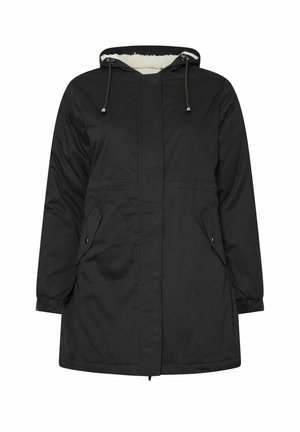 Schwarze Kapuzenparka mit durchgehendem Reißverschluss, ausgestattet mit einem weichen Innenfutter, seitlichen Taschen und elastischen Bündchen zur Anpassung.
