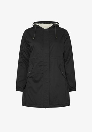 Schwarze Kapuzenparka mit durchgehendem Reißverschluss, ausgestattet mit einem weichen Innenfutter, seitlichen Taschen und elastischen Bündchen zur Anpassung.