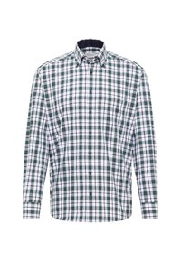 Lange mouwen button-up shirt met een groen, marineblauw en wit geruit patroon en een button-down kraag, weergegeven op een witte achtergrond.